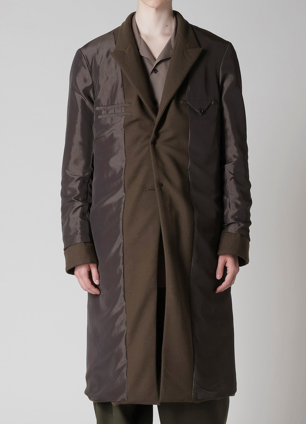 FLANNEL KHAKI 2BUTTONS PADDED LONG JACKET