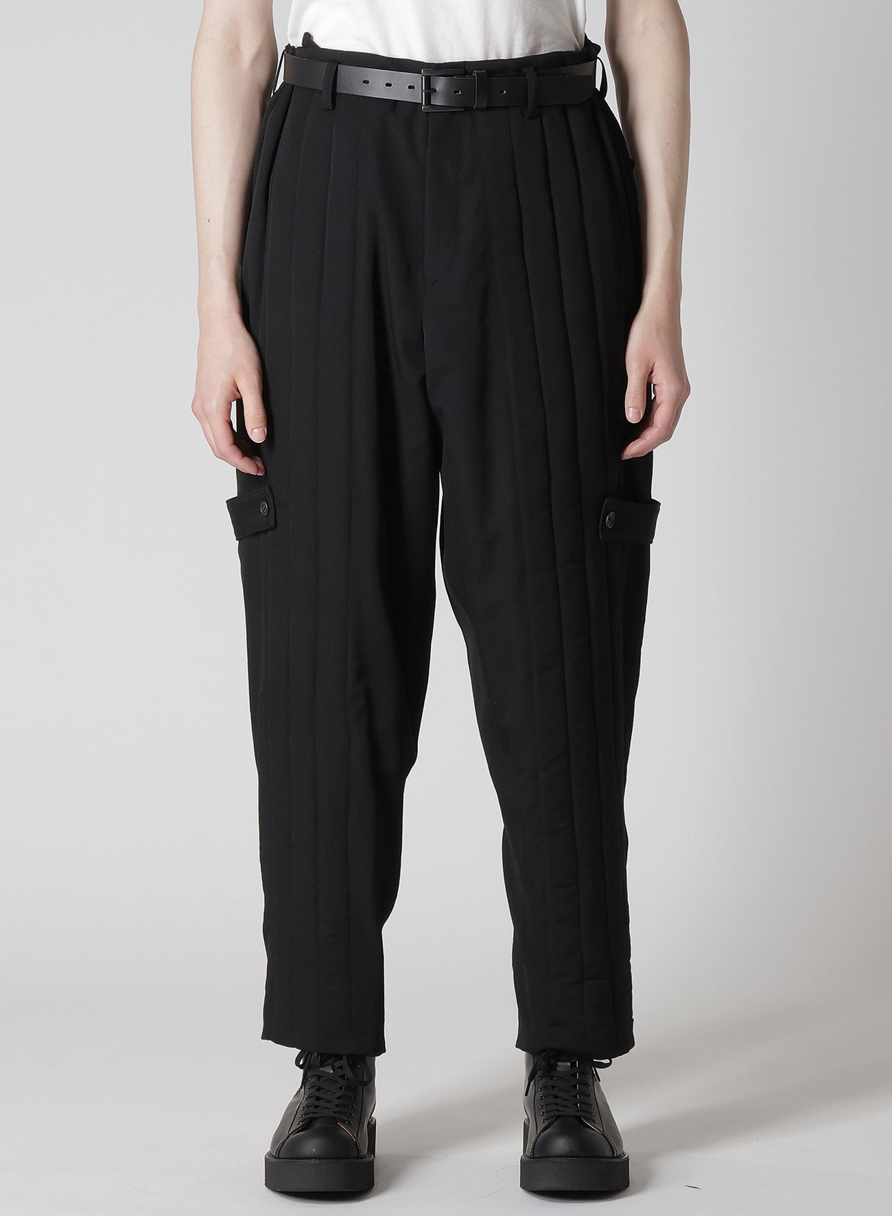 WOOL GABARDINE TAB DETAIL PADDED PANTS
