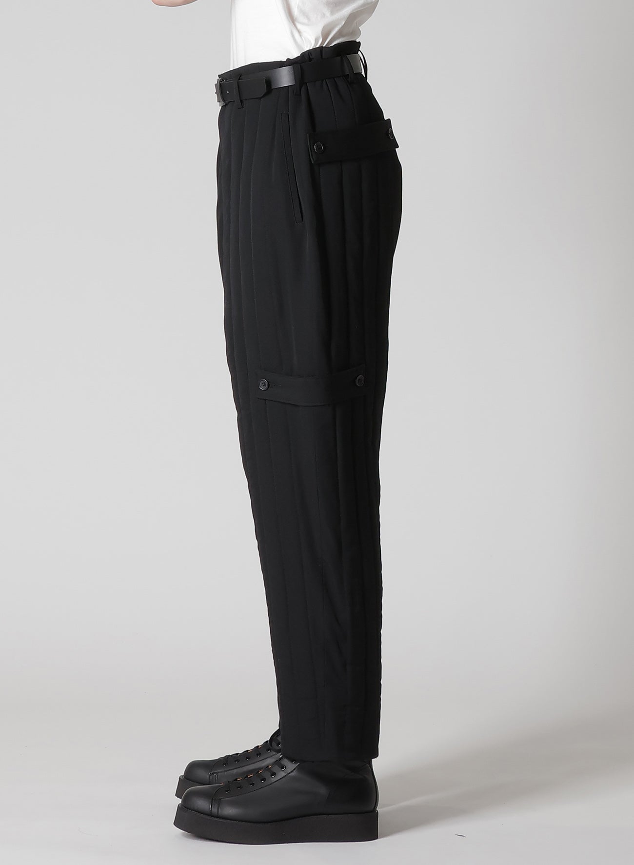 WOOL GABARDINE TAB DETAIL PADDED PANTS