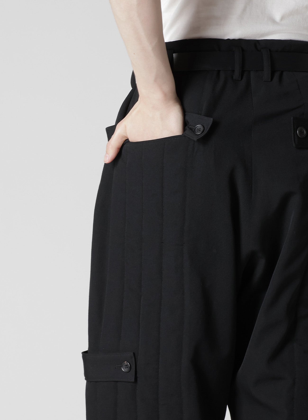 WOOL GABARDINE TAB DETAIL PADDED PANTS