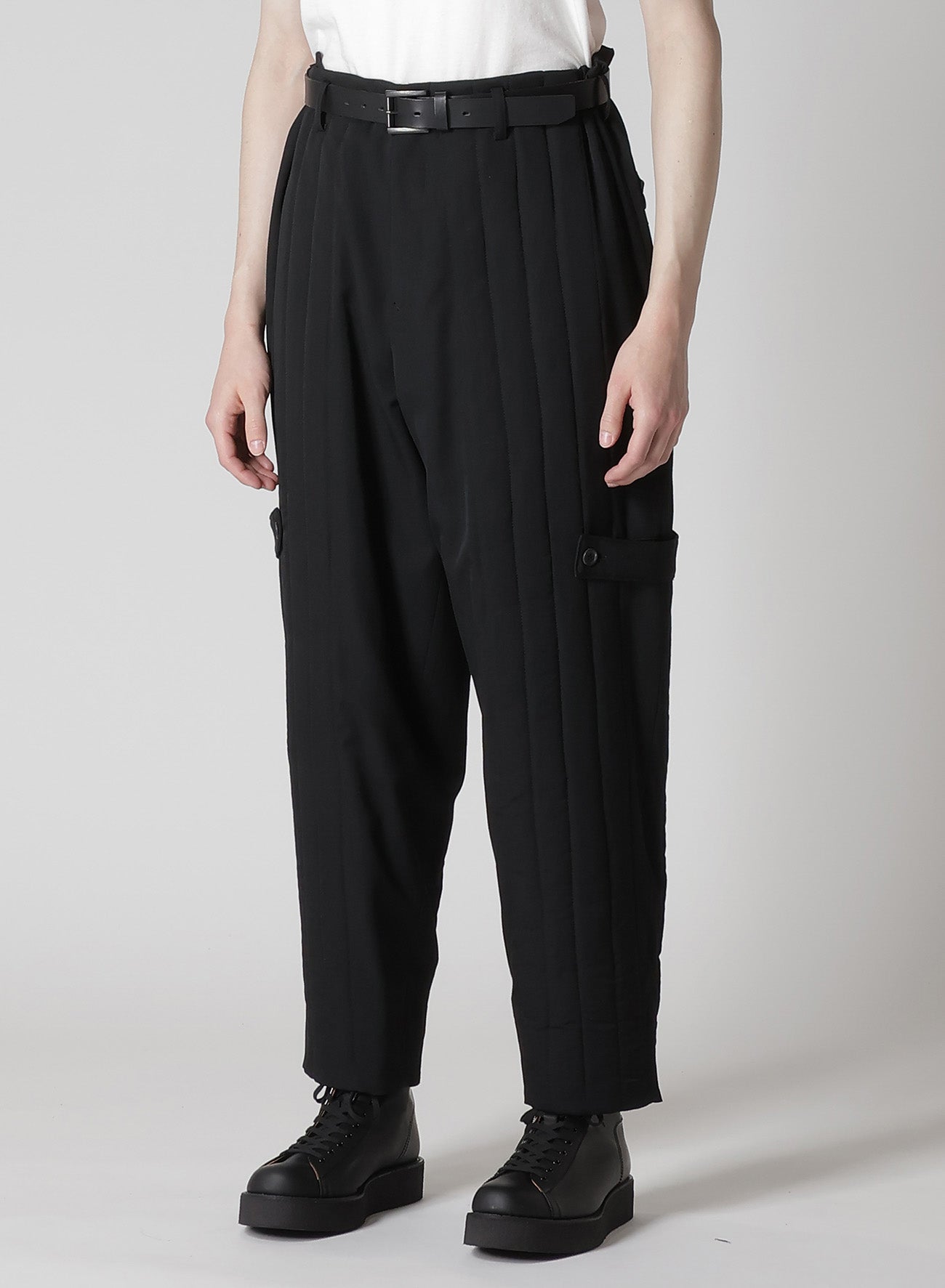 WOOL GABARDINE TAB DETAIL PADDED PANTS