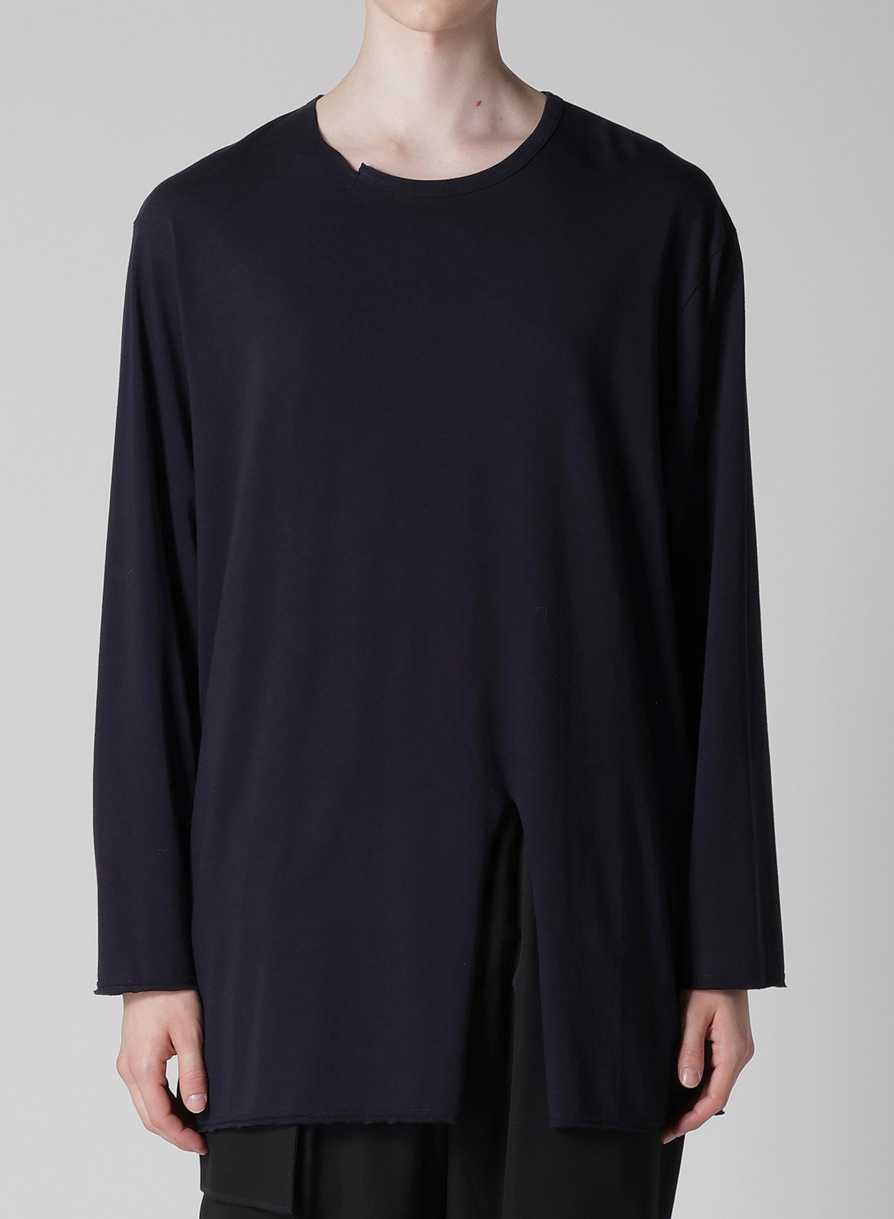 WOOL MIX SINGLE JERSEY SLIT ROUND NECK T
