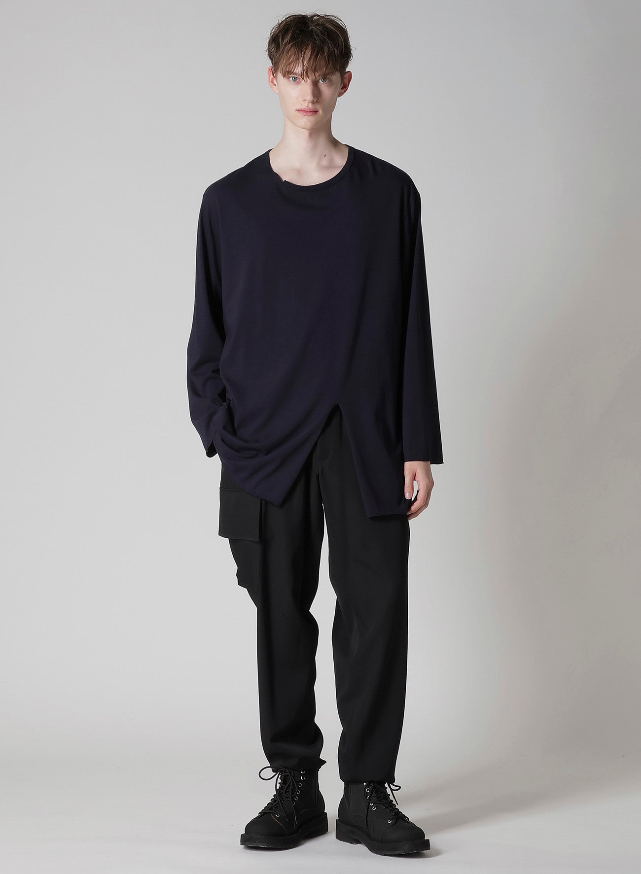 WOOL MIX SINGLE JERSEY SLIT ROUND NECK T