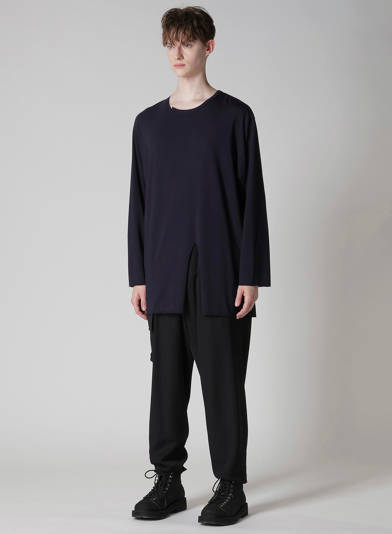 WOOL MIX SINGLE JERSEY SLIT ROUND NECK T