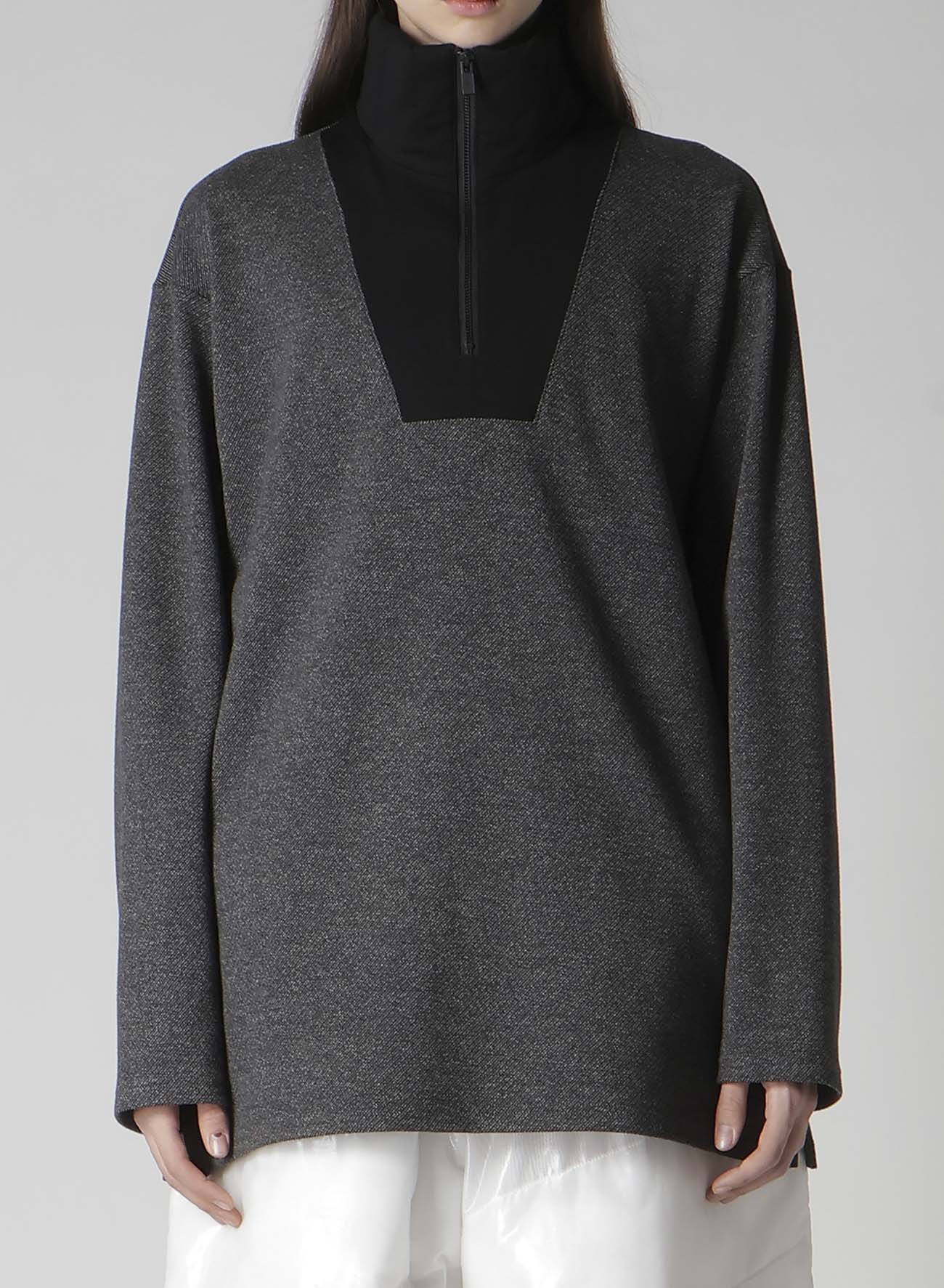 C/W TWILL JERSEY PADDED COLLAR HALF ZIP LONG BLOUSE