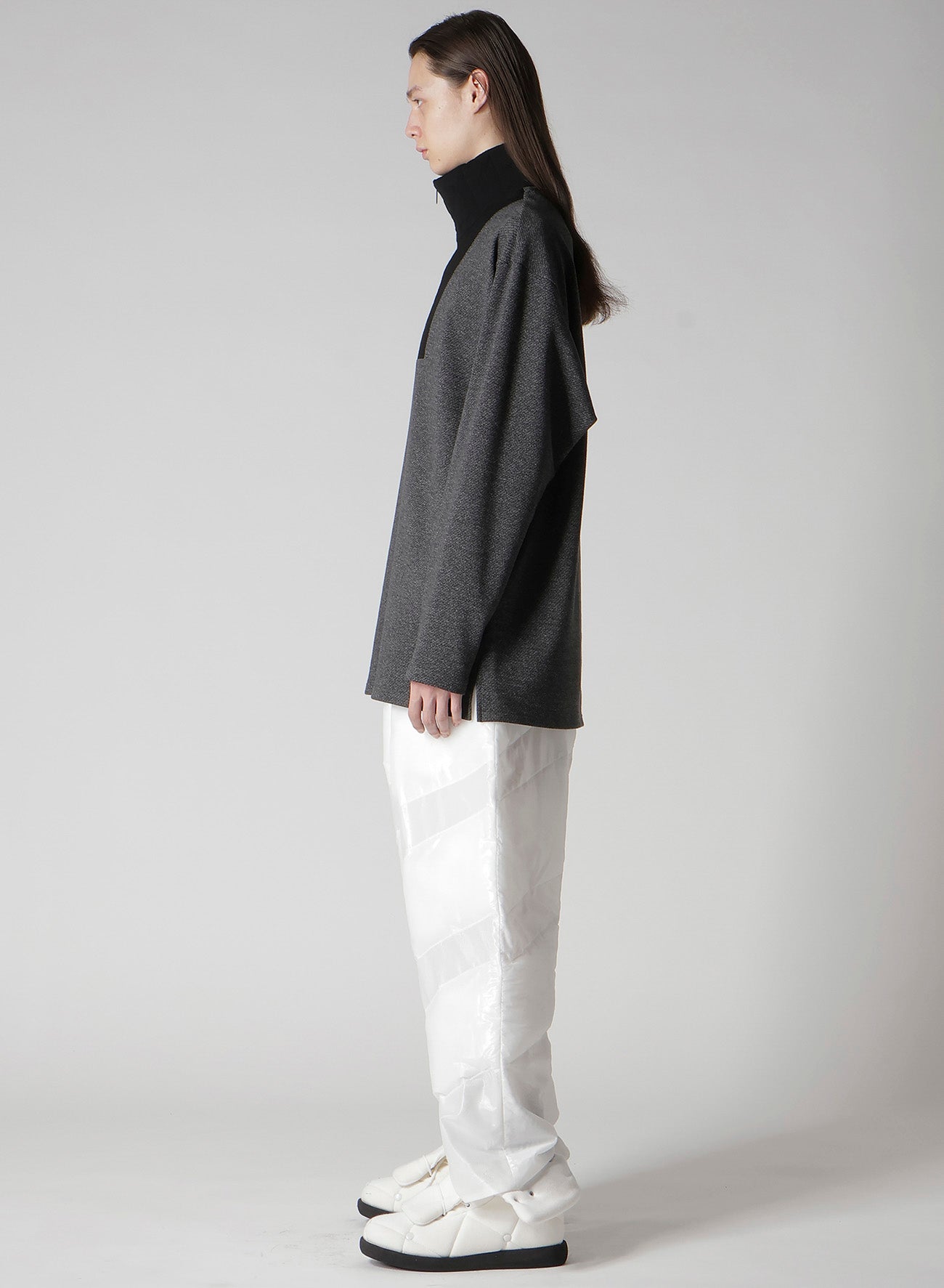 C/W TWILL JERSEY PADDED COLLAR HALF ZIP LONG BLOUSE