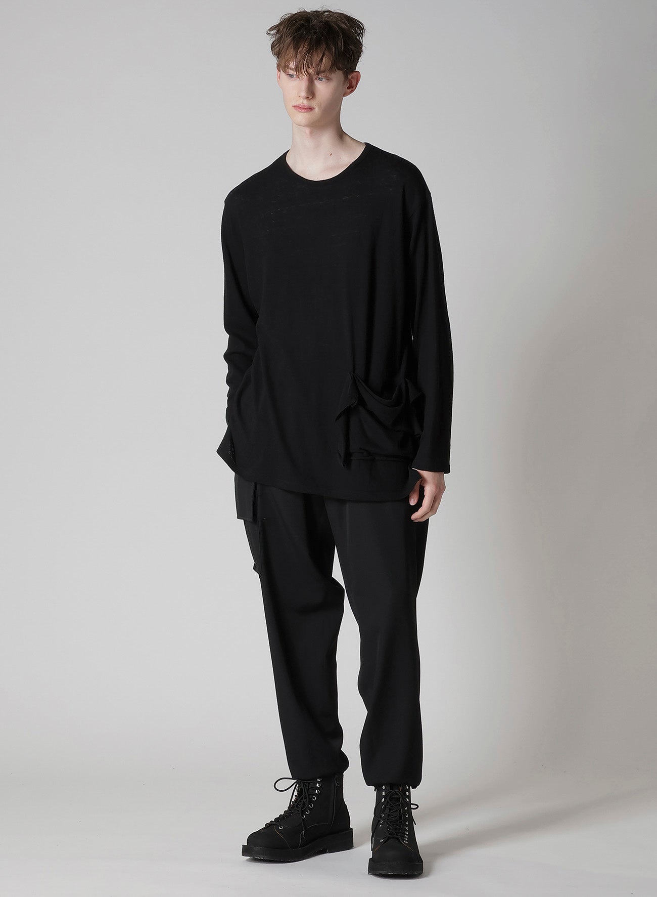 COTTON SILK NOIR GAUZE JERSEY POCKET DETAIL LONG SLV T