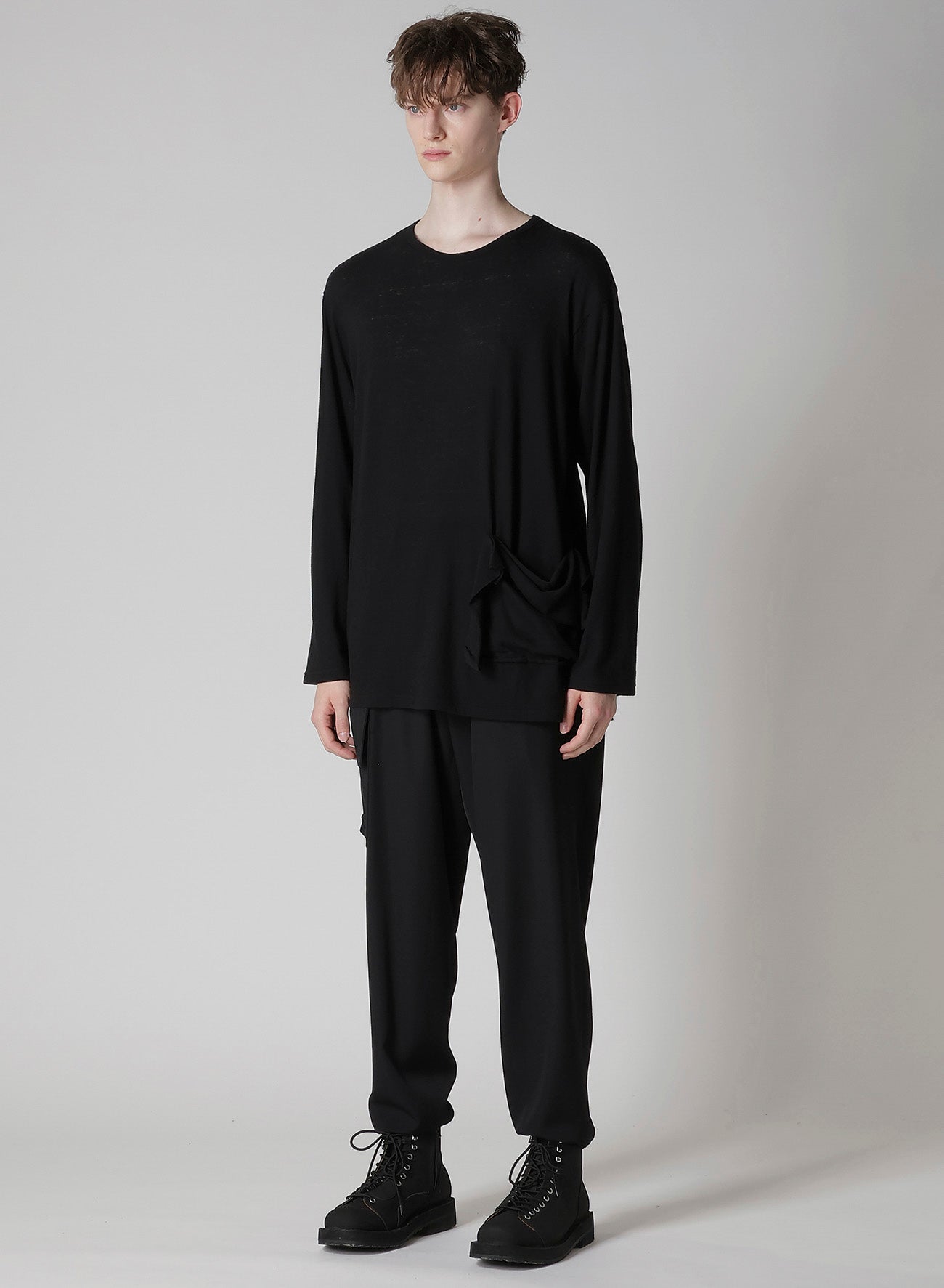 COTTON SILK NOIR GAUZE JERSEY POCKET DETAIL LONG SLV T