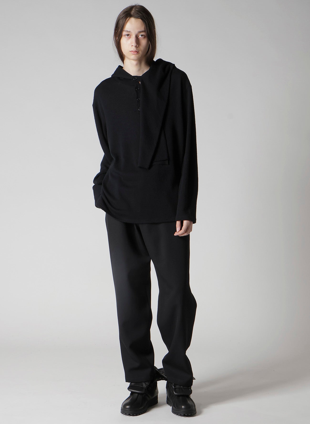 WOOL HOUNDSTOOTH JACQUARD HENLEY NECK HOOD T