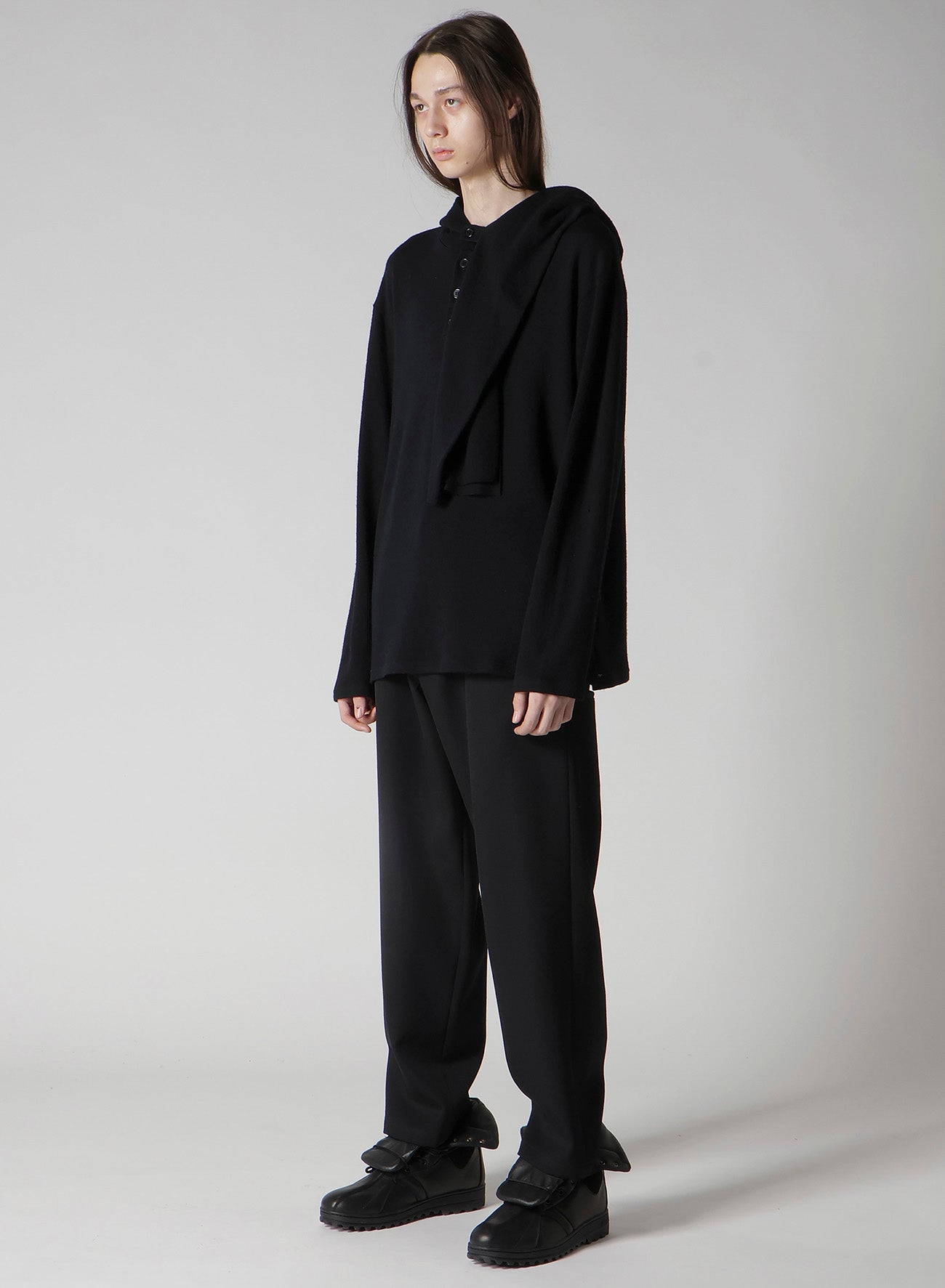 WOOL HOUNDSTOOTH JACQUARD HENLEY NECK HOOD T