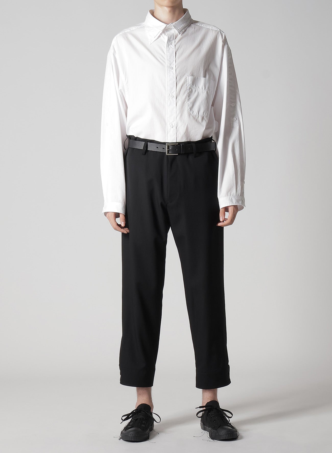 WOOL GABARDINE BELTED HEM PANTS