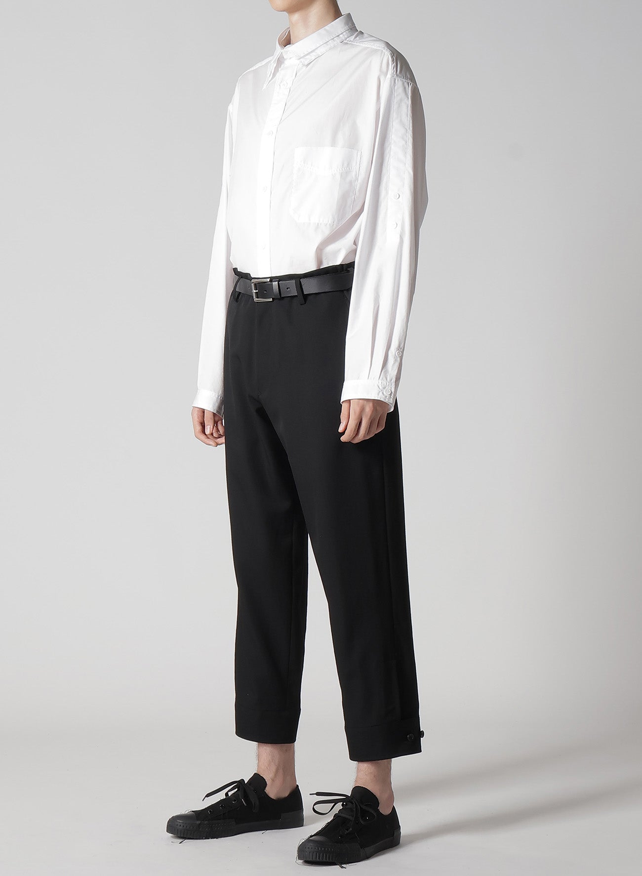 WOOL GABARDINE BELTED HEM PANTS