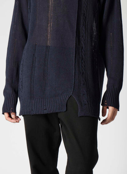 DAMAGE PROCESSED JERSEY CABLE KNITTED PULLOVER