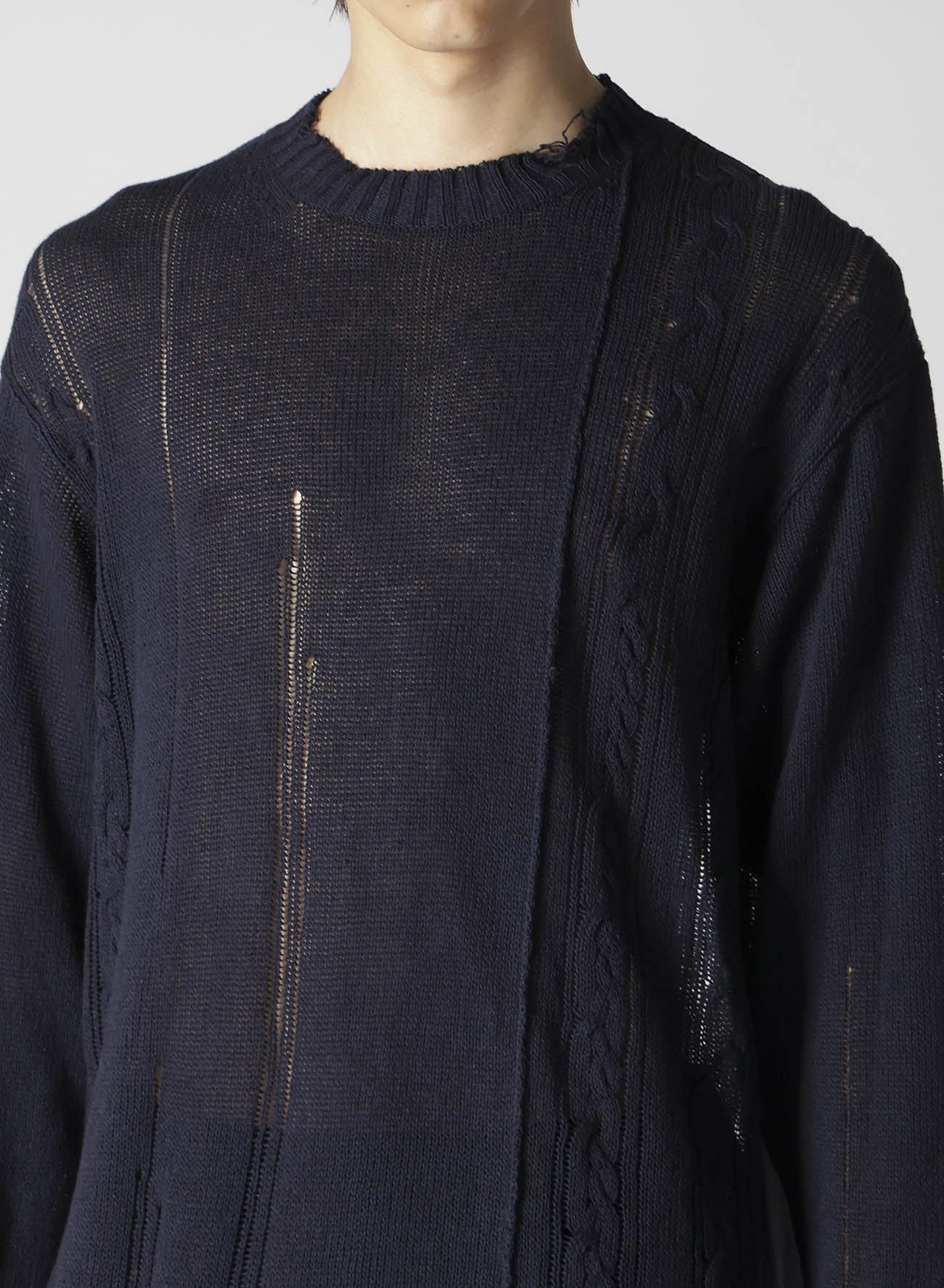 DAMAGE PROCESSED JERSEY CABLE KNITTED PULLOVER