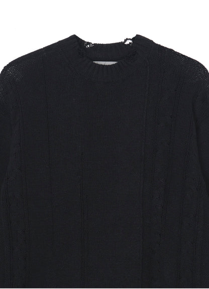 DAMAGE PROCESSED JERSEY CABLE KNITTED PULLOVER