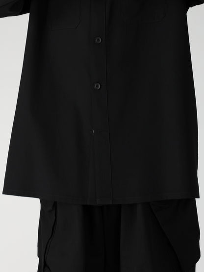 WOOL GABARDINE OPEN COLLAR FRONT SHOULDER BLOUSE