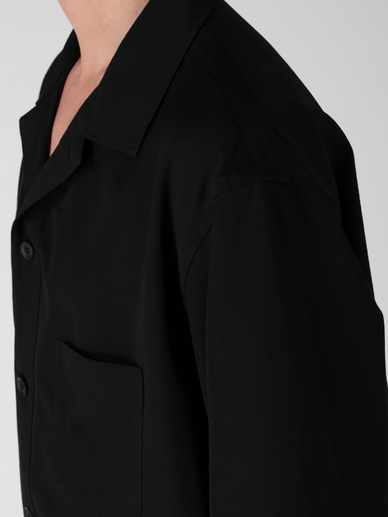 WOOL GABARDINE OPEN COLLAR FRONT SHOULDER BLOUSE – THE SHOP YOHJI