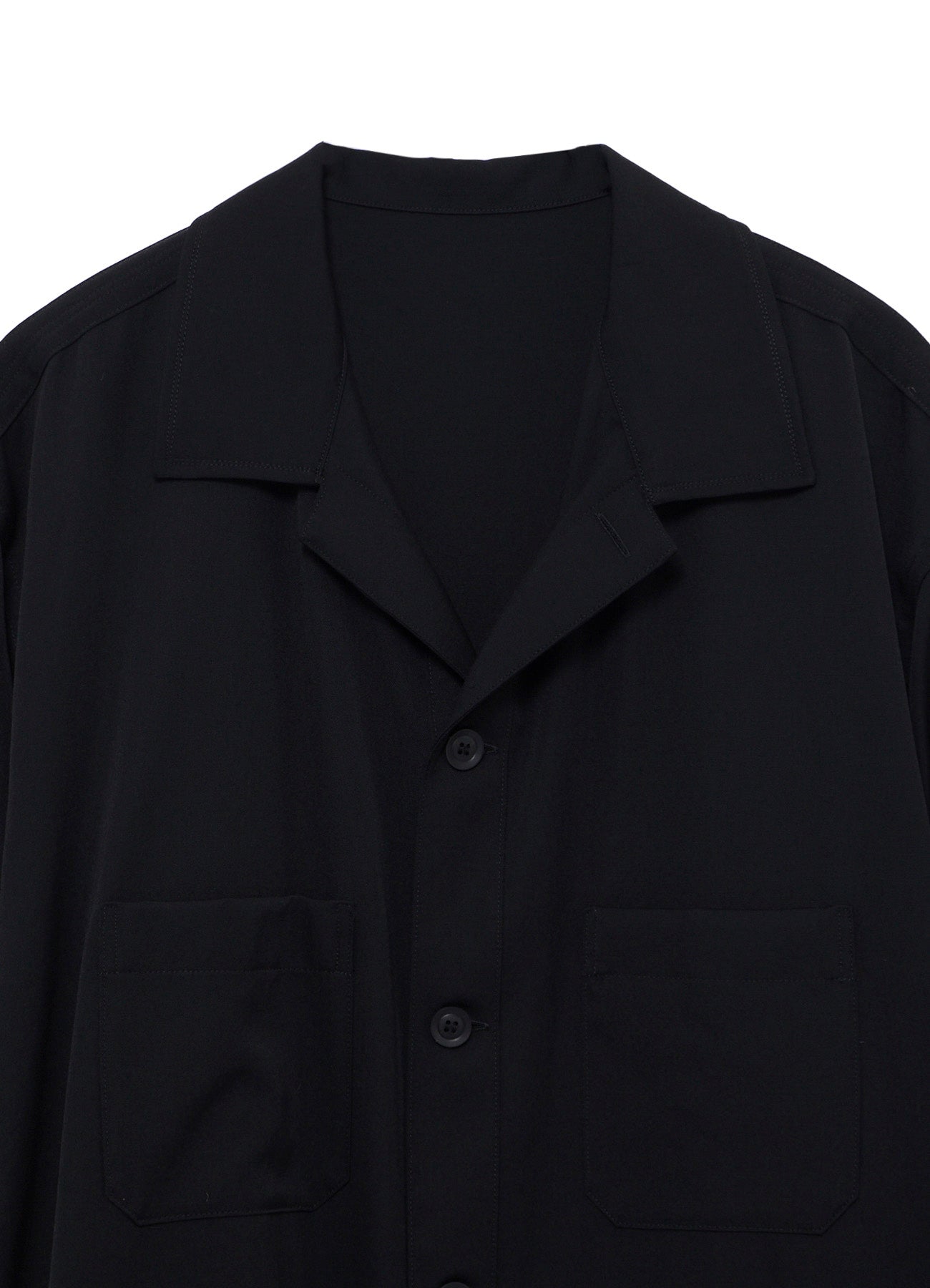 WOOL GABARDINE OPEN COLLAR FRONT SHOULDER BLOUSE