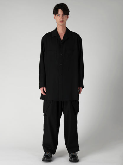 WOOL GABARDINE OPEN COLLAR FRONT SHOULDER BLOUSE
