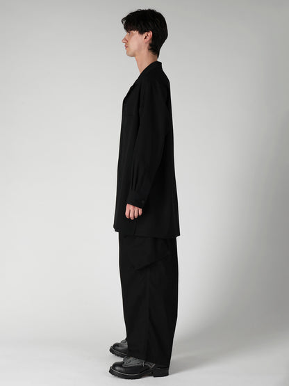 WOOL GABARDINE OPEN COLLAR FRONT SHOULDER BLOUSE