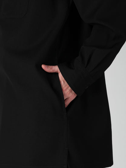 WOOL GABARDINE OPEN COLLAR FRONT SHOULDER BLOUSE