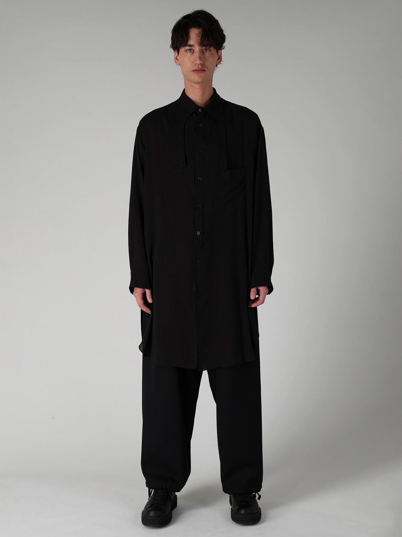 CELLULOSE LAWN COLLAR TAB LONG BLOUSE
