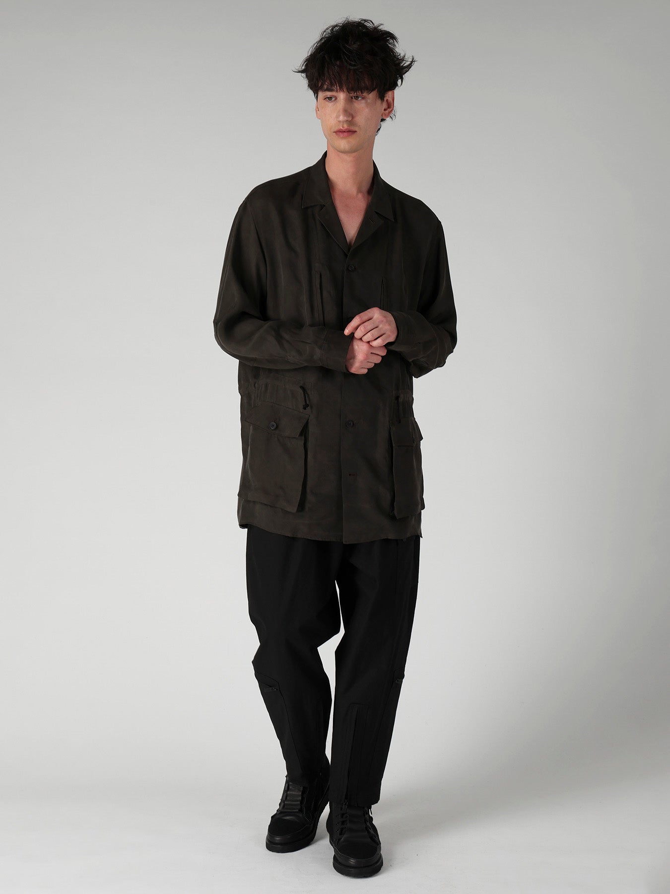 PIGMENT DYE TWILL OPEN COLLAR WAIST STRING BLOUSE