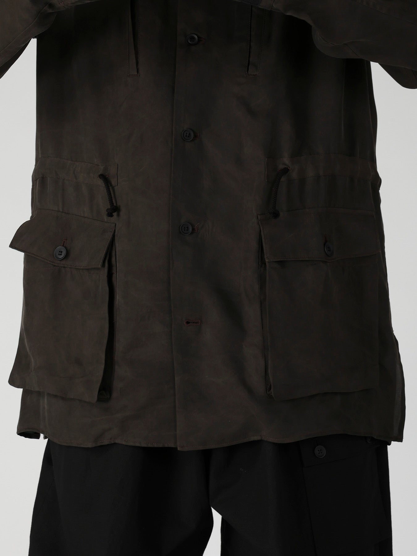PIGMENT DYE TWILL OPEN COLLAR WAIST STRING BLOUSE