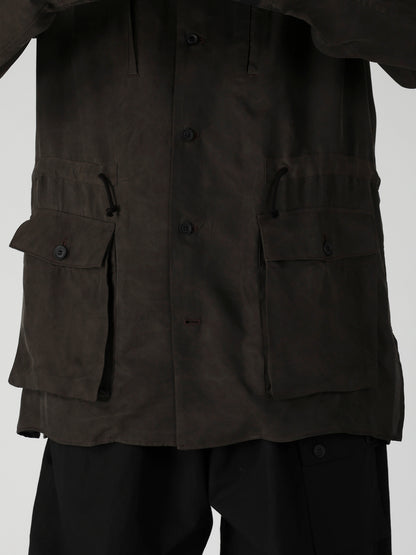 PIGMENT DYE TWILL OPEN COLLAR WAIST STRING BLOUSE