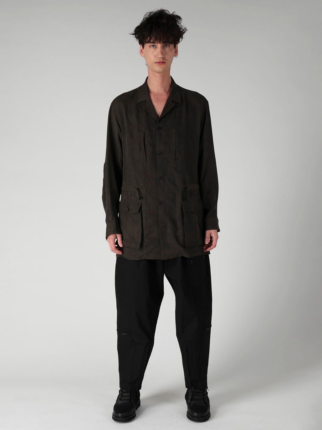 PIGMENT DYE TWILL OPEN COLLAR WAIST STRING BLOUSE