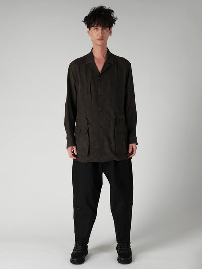 PIGMENT DYE TWILL OPEN COLLAR WAIST STRING BLOUSE