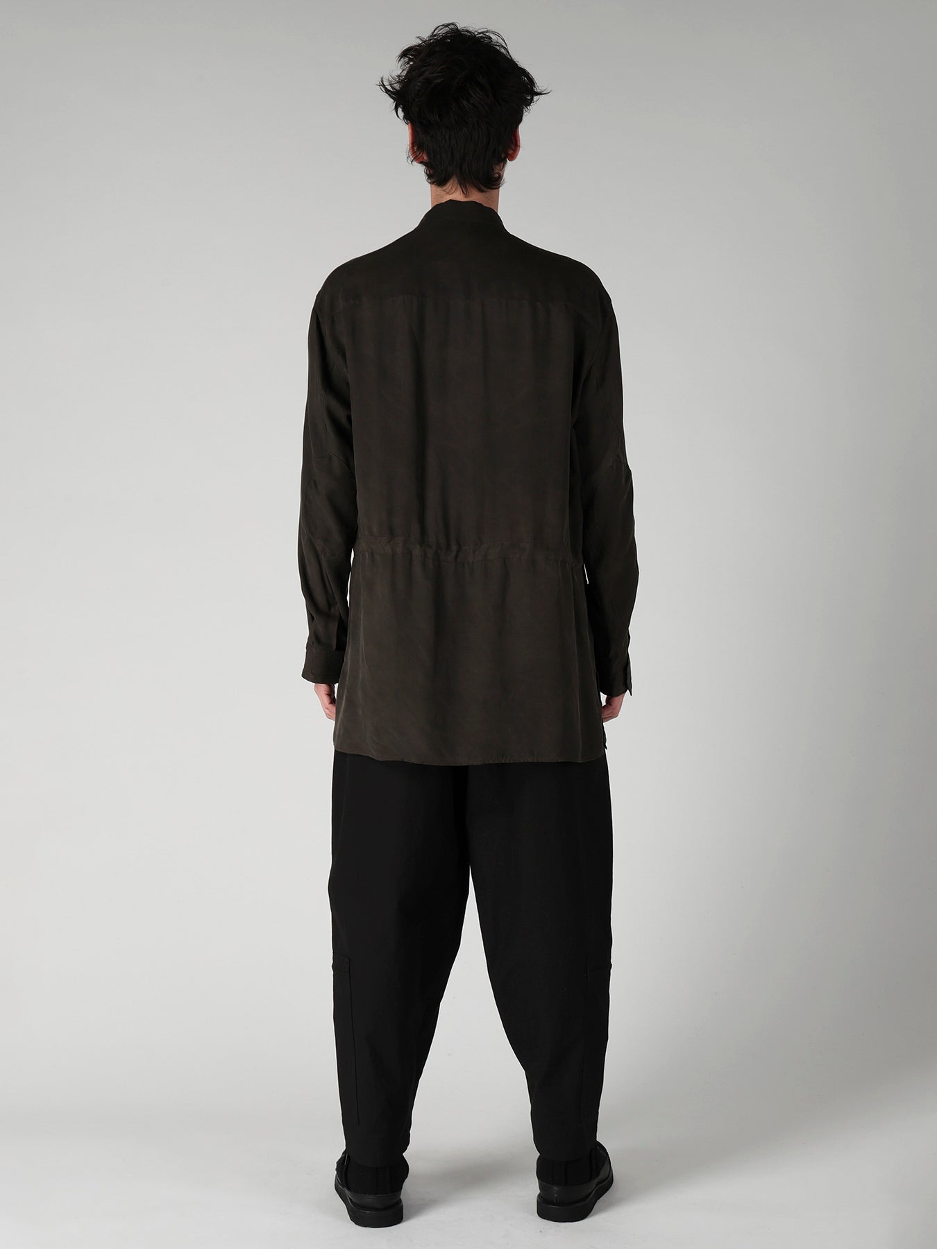 PIGMENT DYE TWILL OPEN COLLAR WAIST STRING BLOUSE
