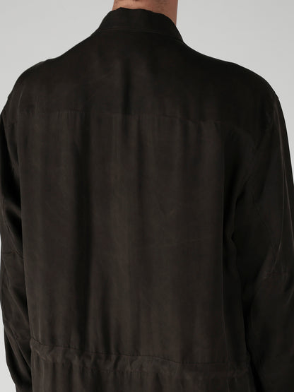 PIGMENT DYE TWILL OPEN COLLAR WAIST STRING BLOUSE