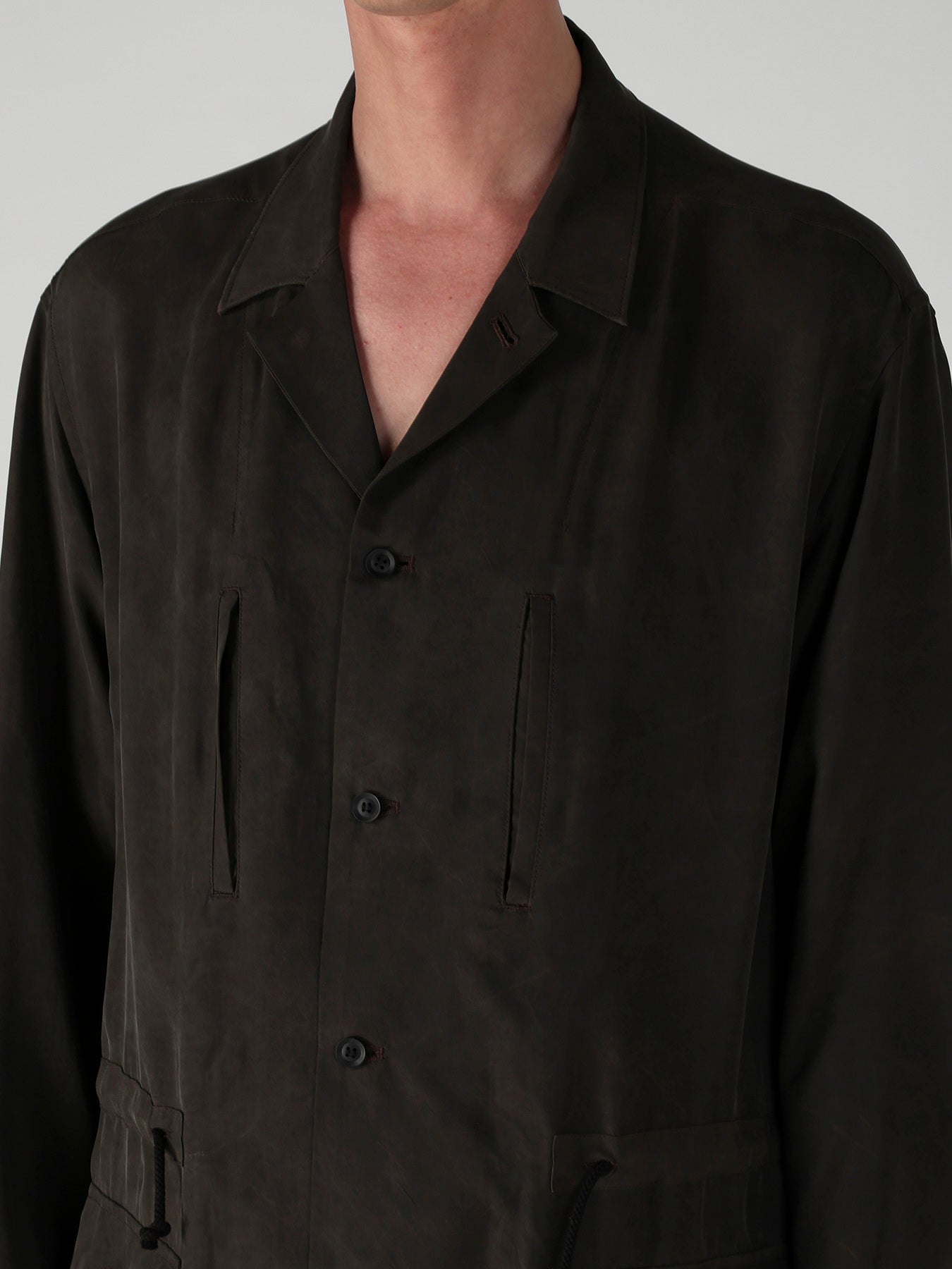 PIGMENT DYE TWILL OPEN COLLAR WAIST STRING BLOUSE