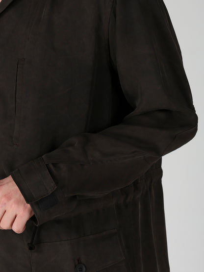 PIGMENT DYE TWILL OPEN COLLAR WAIST STRING BLOUSE