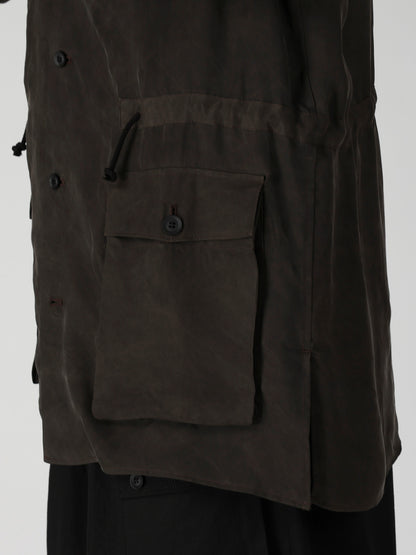 PIGMENT DYE TWILL OPEN COLLAR WAIST STRING BLOUSE