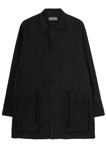 PIGMENT DYE TWILL OPEN COLLAR WAIST STRING BLOUSE