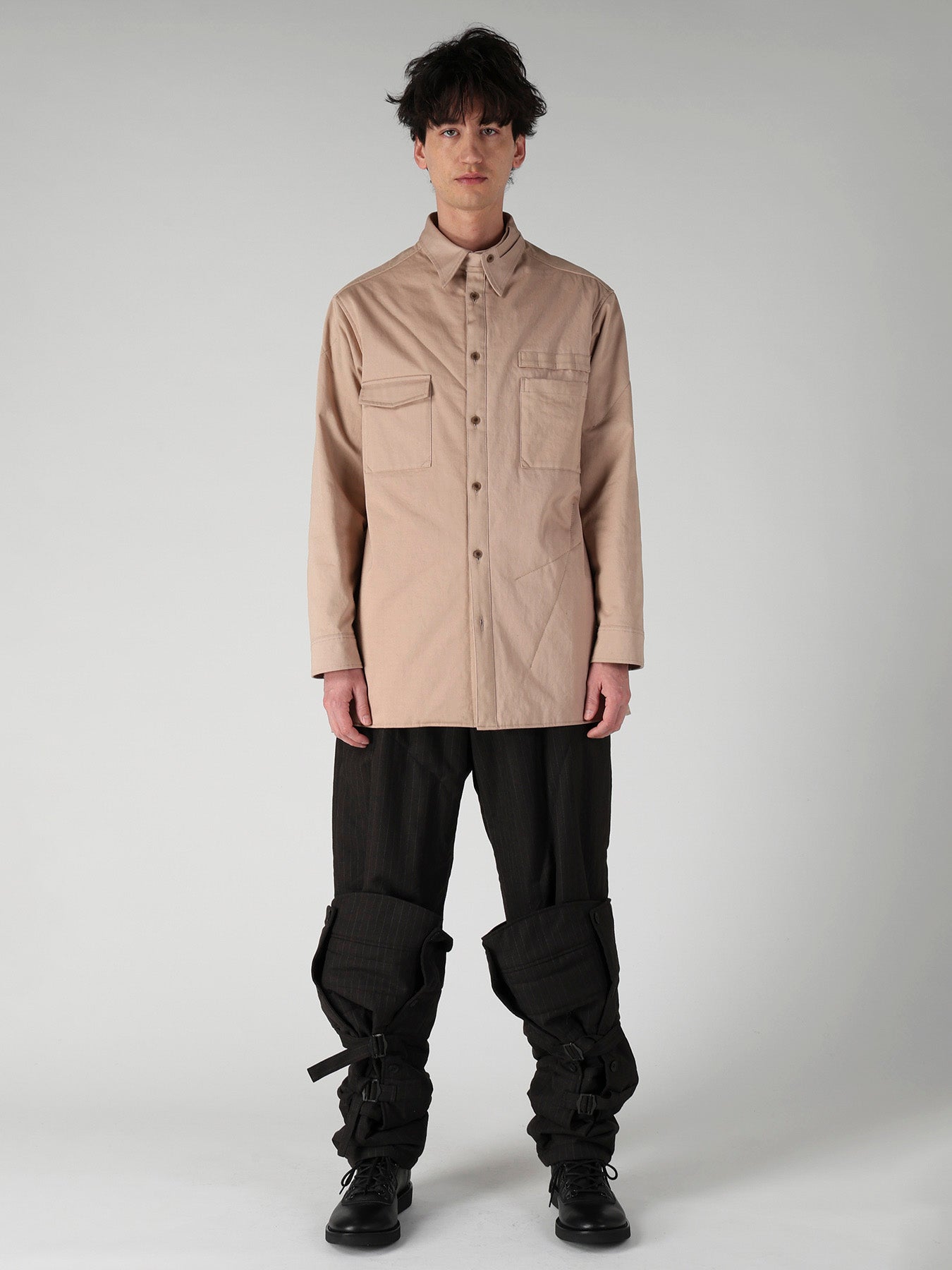 MILITARY BACK SATIN PADDED PANEL COLLAR BELT BLOUSE