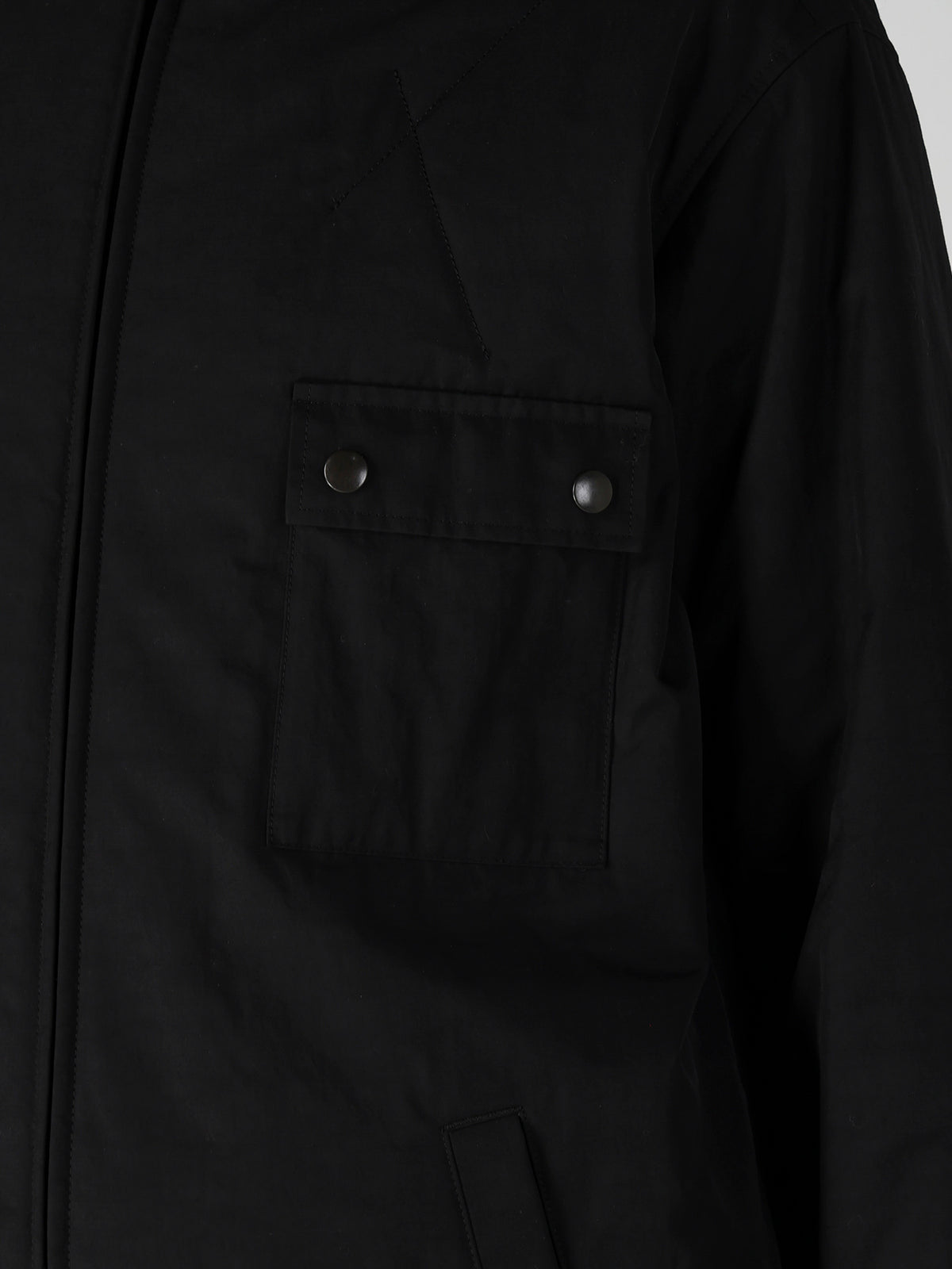 NY SPUN GABARDINE BLACK PADDED ZIP DOT BUTTON BLOUSE
