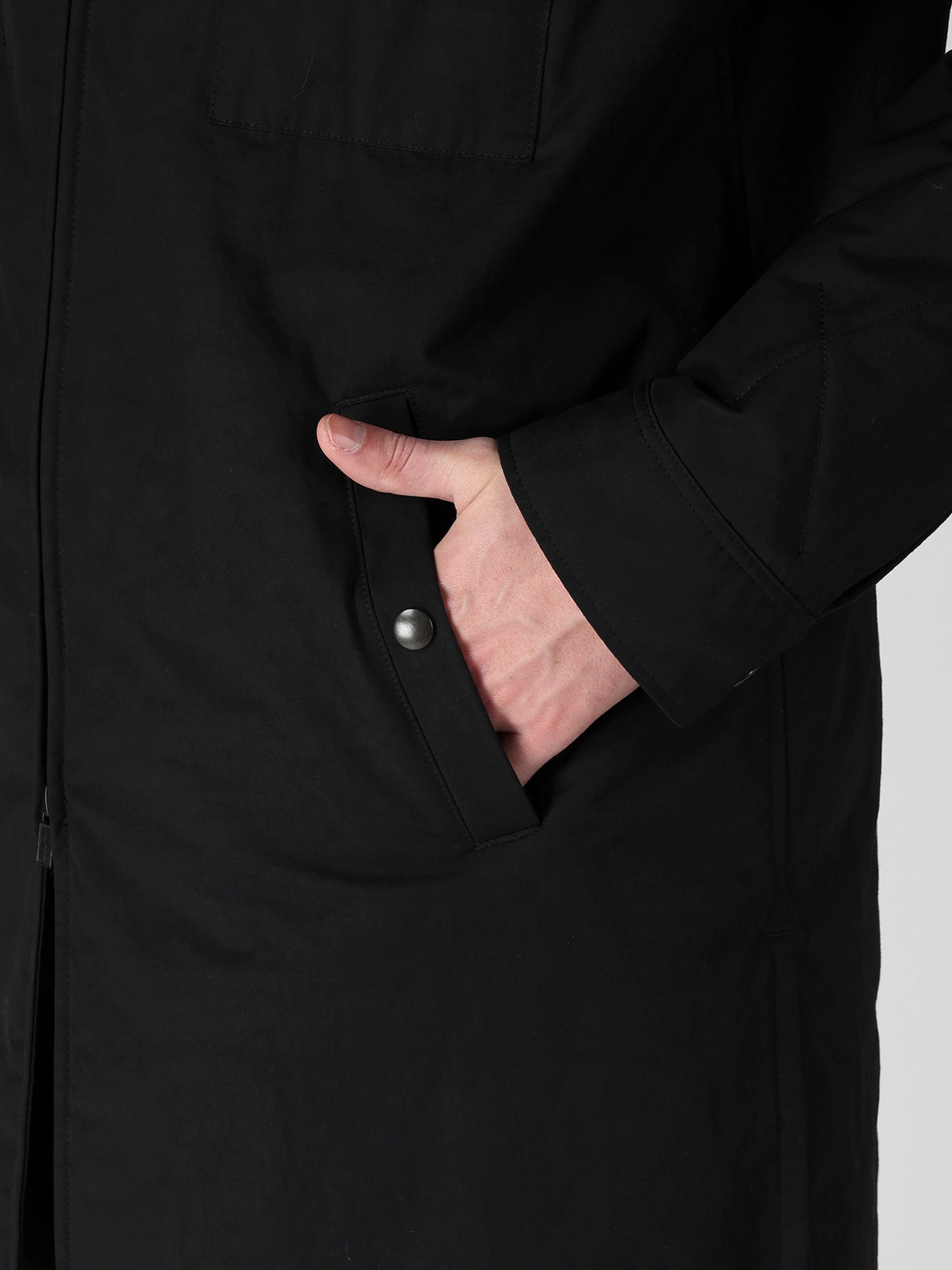 NY SPUN GABARDINE BLACK PADDED ZIP DOT BUTTON BLOUSE – THE SHOP