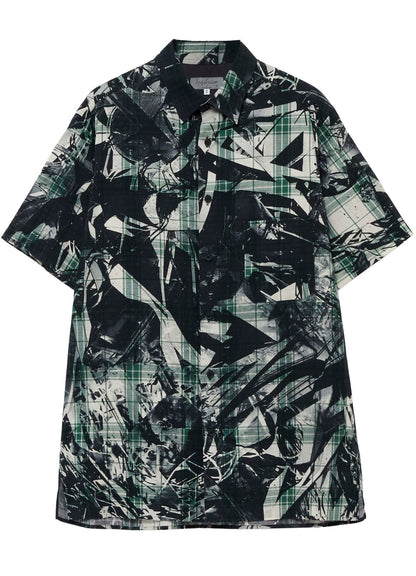 MONOCHROME SCRAP PATTERN PRINTED SHORT SLEEVE BLOUSE