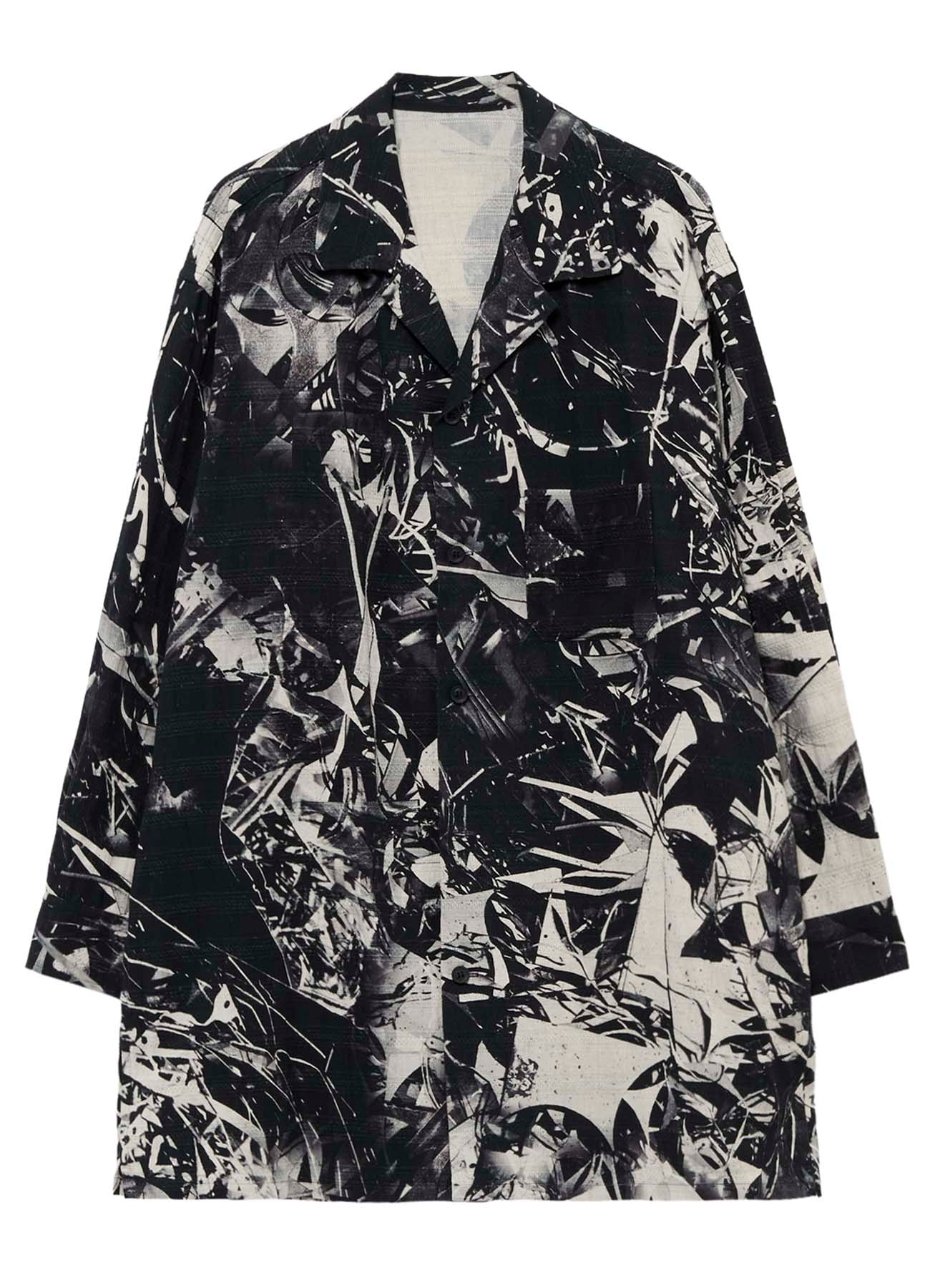 MONOCHROME SCRAP PATTERN PRINTED OPEN COLLAR BLOUSE