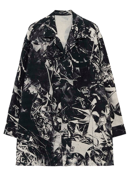 MONOCHROME SCRAP PATTERN PRINTED OPEN COLLAR BLOUSE