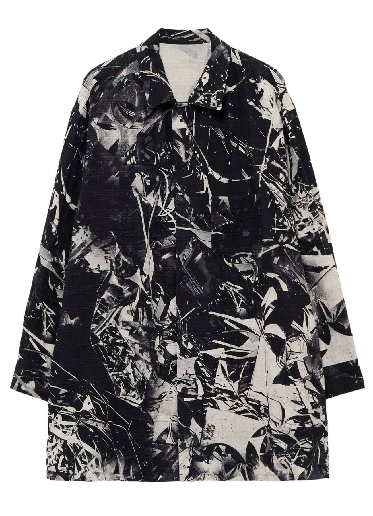 MONOCHROME SCRAP PATTERN PRINTED OPEN COLLAR BLOUSE