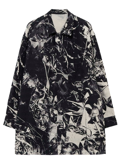MONOCHROME SCRAP PATTERN PRINTED OPEN COLLAR BLOUSE