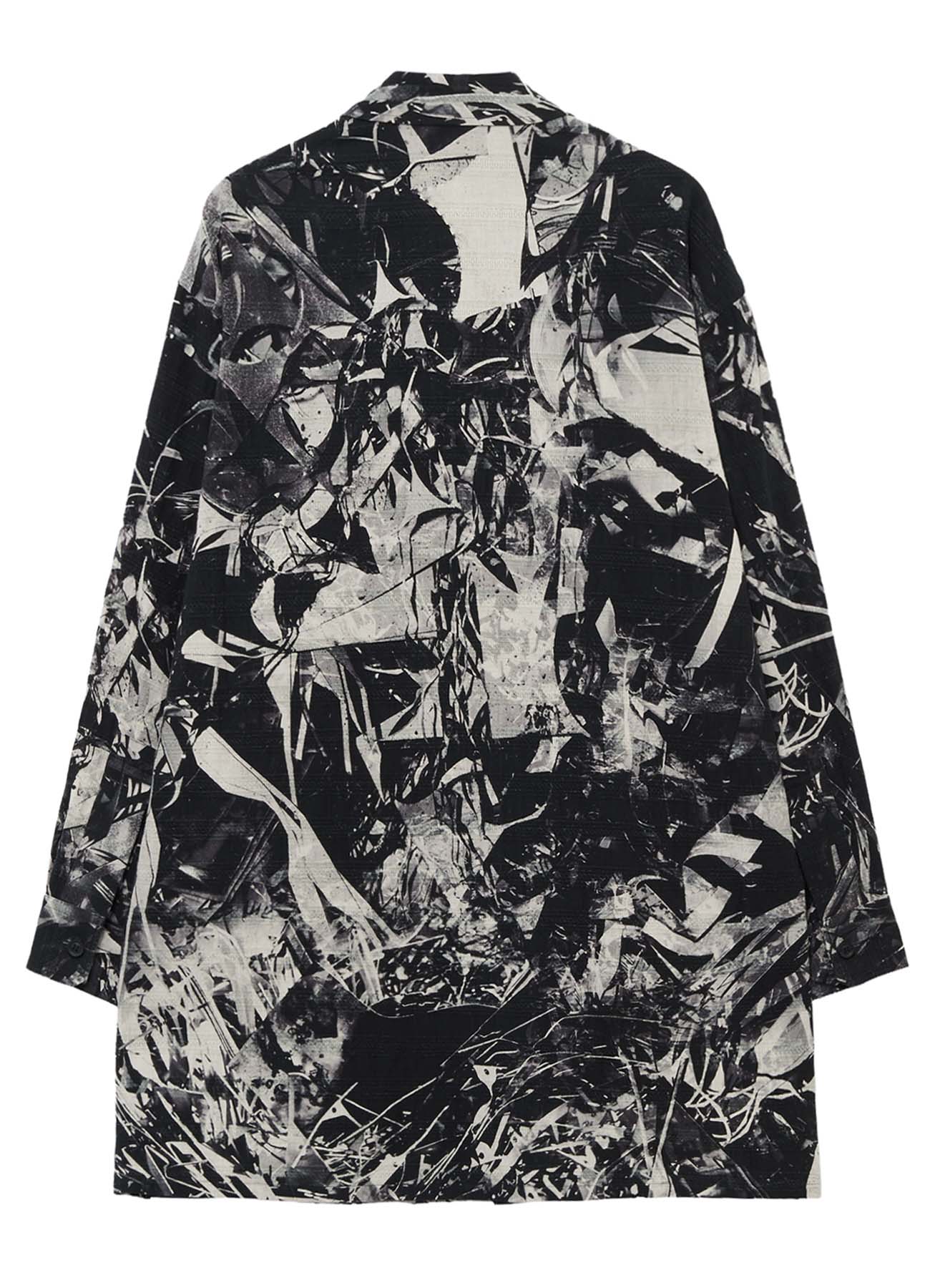 MONOCHROME SCRAP PATTERN PRINTED OPEN COLLAR BLOUSE