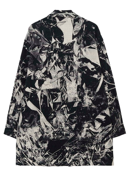 MONOCHROME SCRAP PATTERN PRINTED OPEN COLLAR BLOUSE