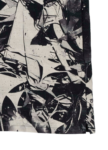 MONOCHROME SCRAP PATTERN PRINTED OPEN COLLAR BLOUSE