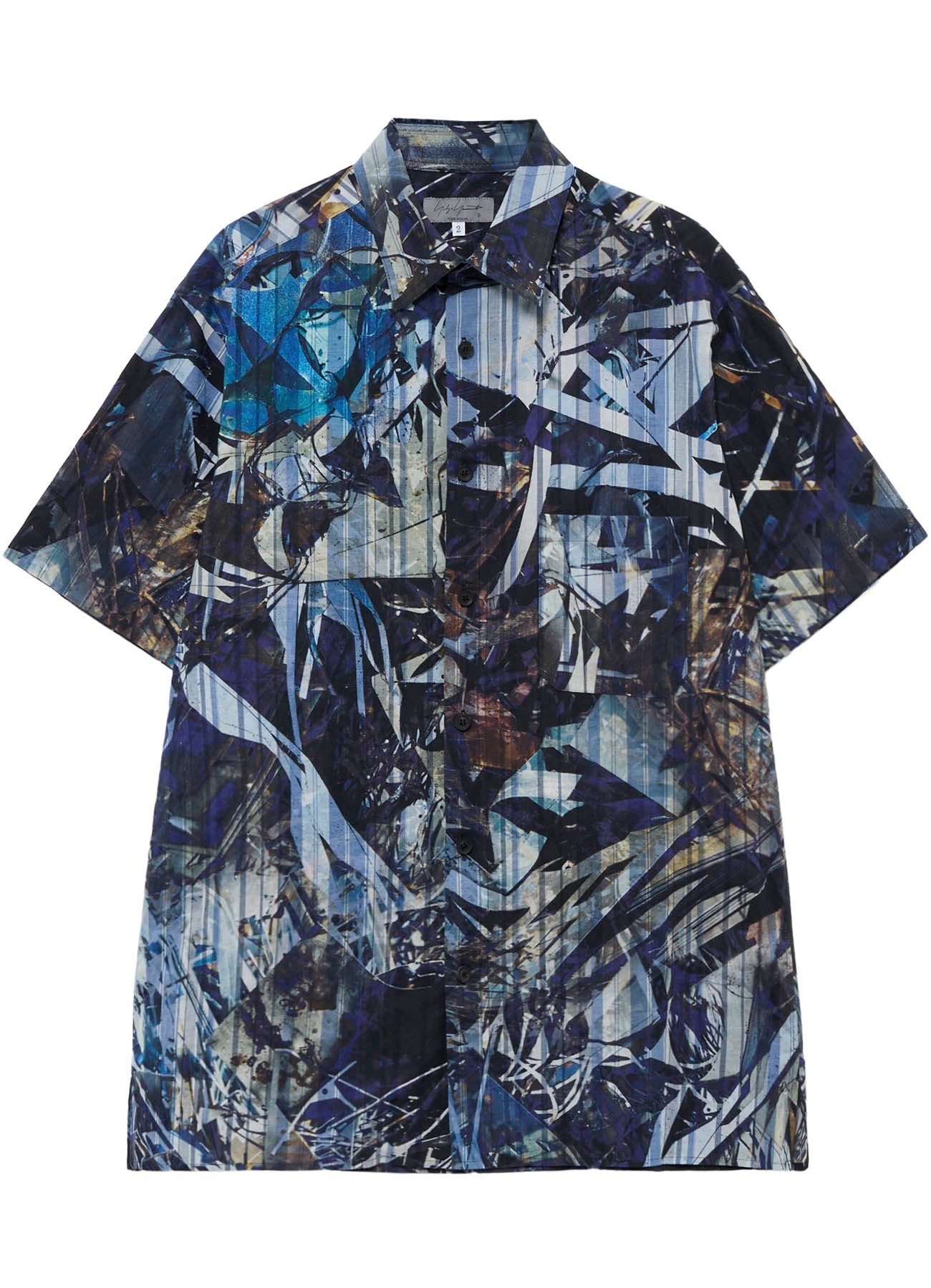 BLUE SCRAP PATTERN PRINTED SHORT SLEEVE BLOUSE