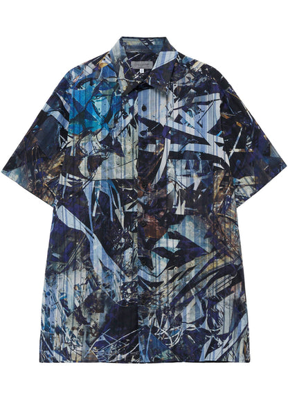 BLUE SCRAP PATTERN PRINTED SHORT SLEEVE BLOUSE